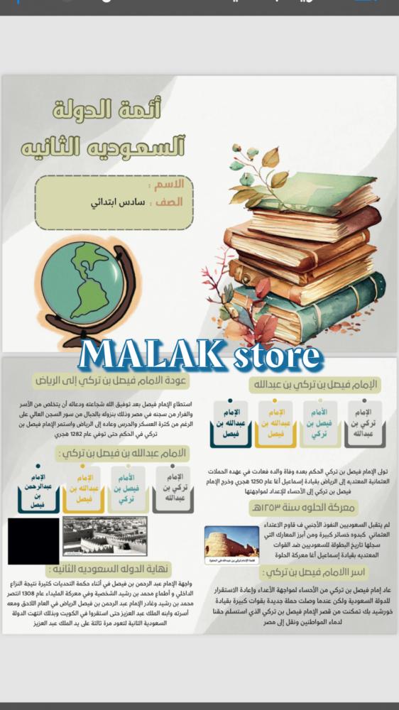 مطوية اجتماعيات الصف السادس الابتدائي ( ائمة الدولة السعودية الثانيه )