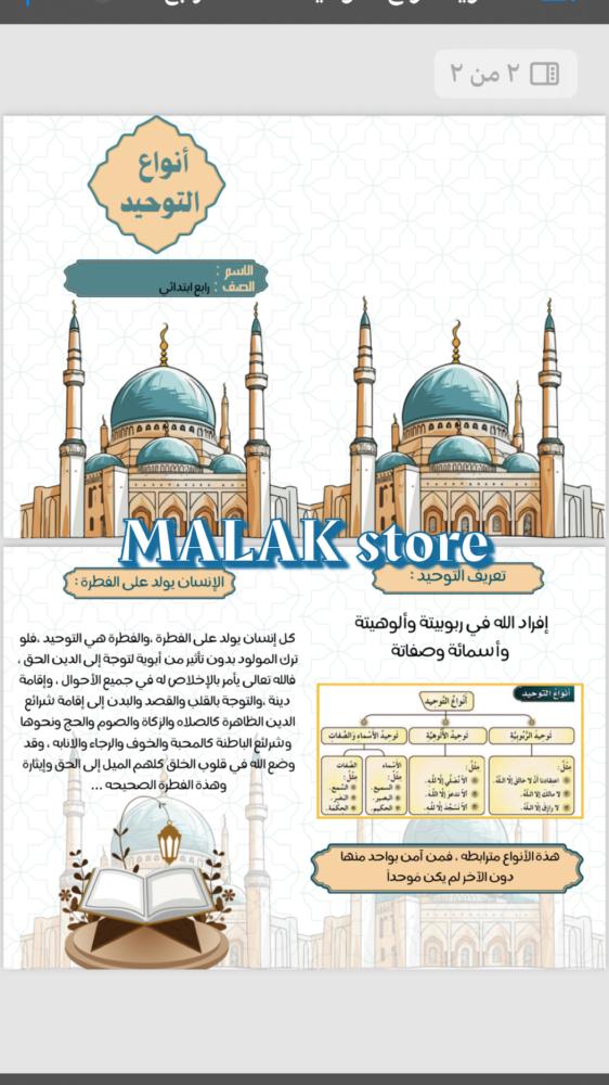 مطوية دراسات إسلامية مادة التوحيد ( أنواع التوحيد ) الصف الرابع الابتدائي