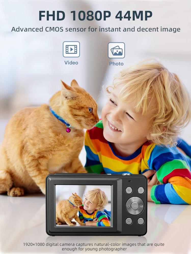كاميرا رقمية FHD 1080P بدقة 44MP مع SD 32GB، تكبير 16X، بطاريتين – لون أسود من كامكوري