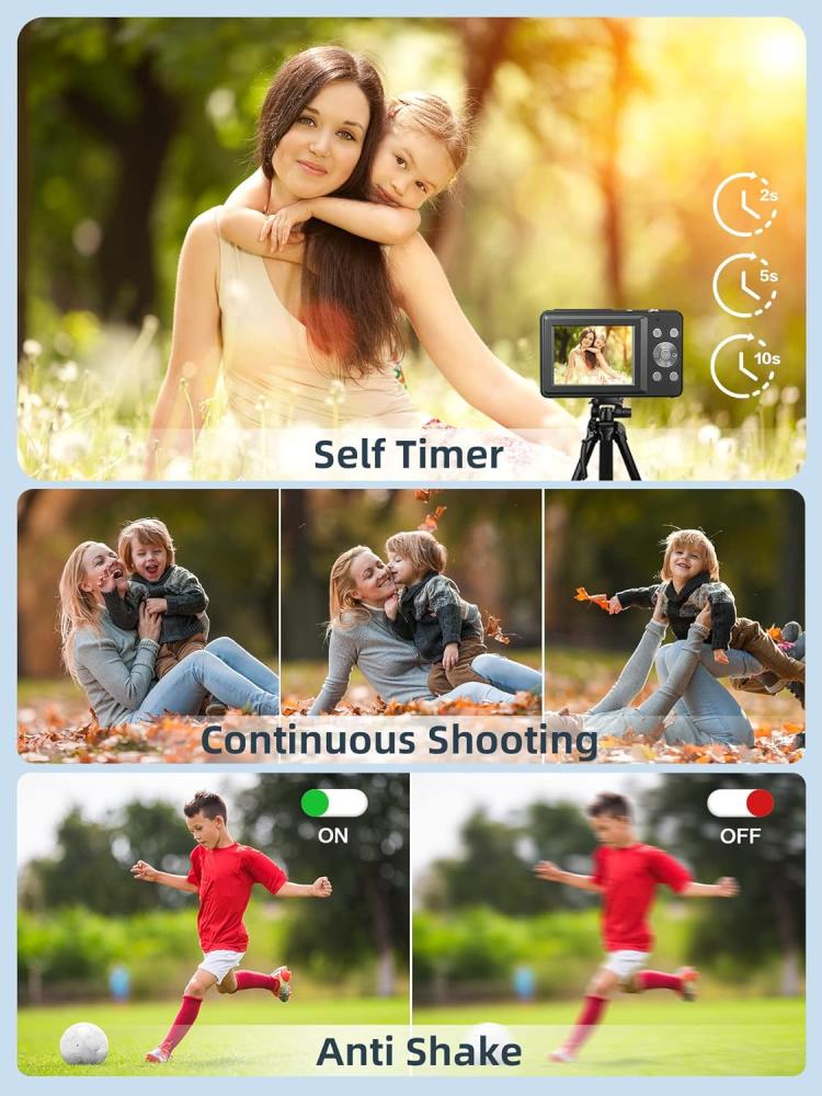كاميرا رقمية FHD 1080P بدقة 44MP مع SD 32GB، تكبير 16X، بطاريتين – لون أسود من كامكوري