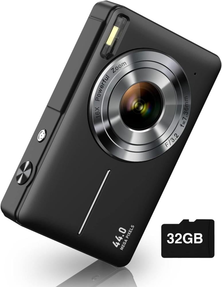 كاميرا رقمية FHD 1080P بدقة 44MP مع SD 32GB، تكبير 16X، بطاريتين – لون أسود من كامكوري