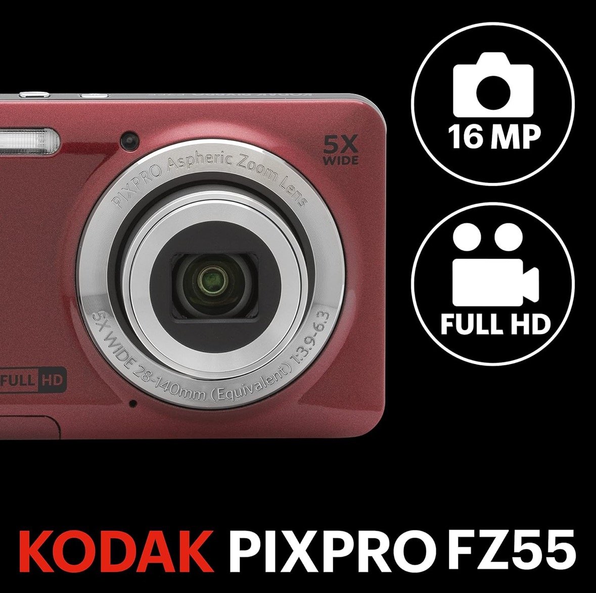 كاميرا كوداك FZ55 بدقة 16MP، زووم بصري 5X، شاشة 2.7 بوصة – أحمر