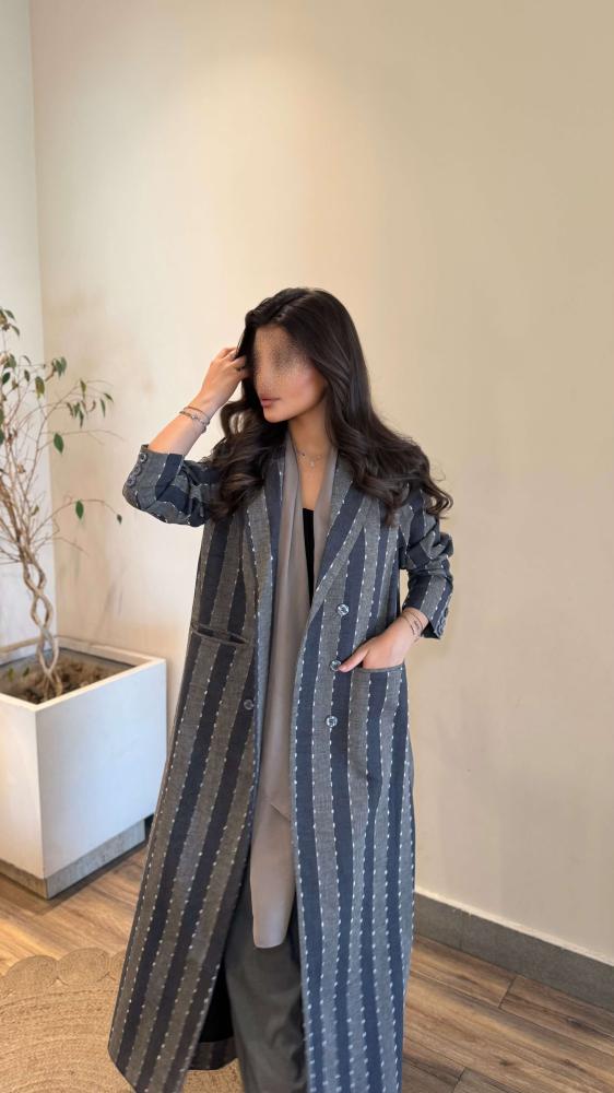 بليزر لينن زري رصاصي رمادي مخطط