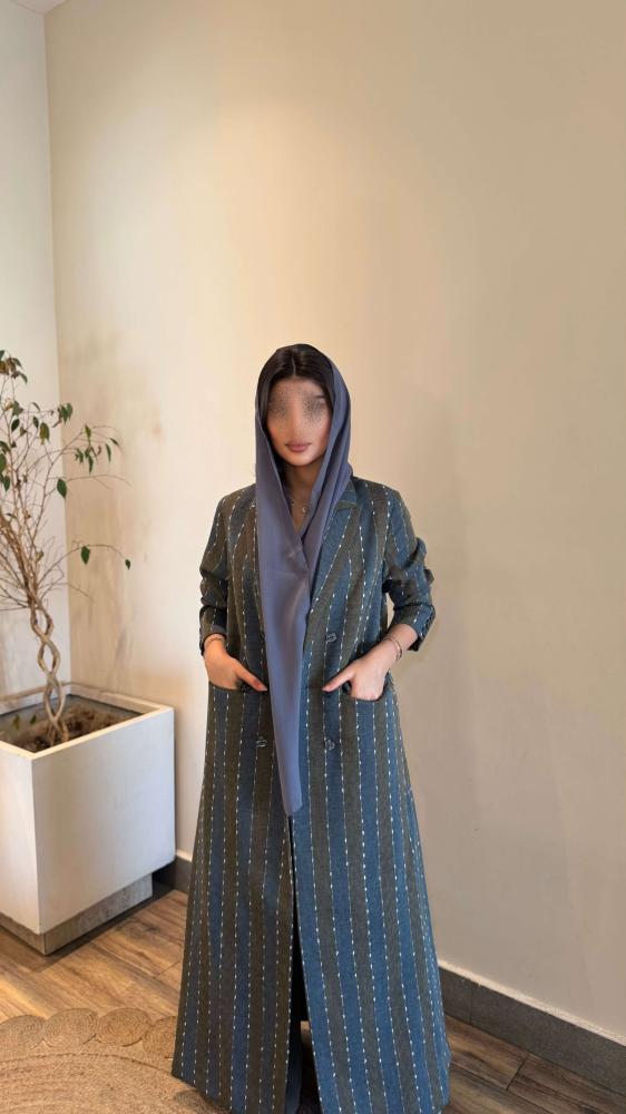 بليزر لينن مخطط زري مقلم زيتي على بحري