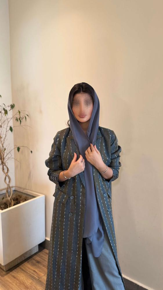 بليزر لينن مخطط زري مقلم زيتي على بحري