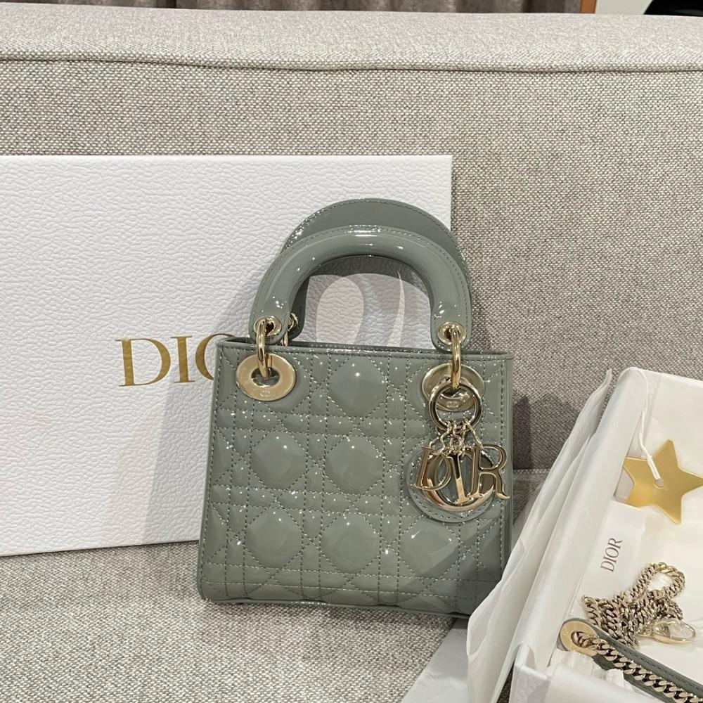 MINI LADY DIOR BAG Stone Gray Patent Calfskin