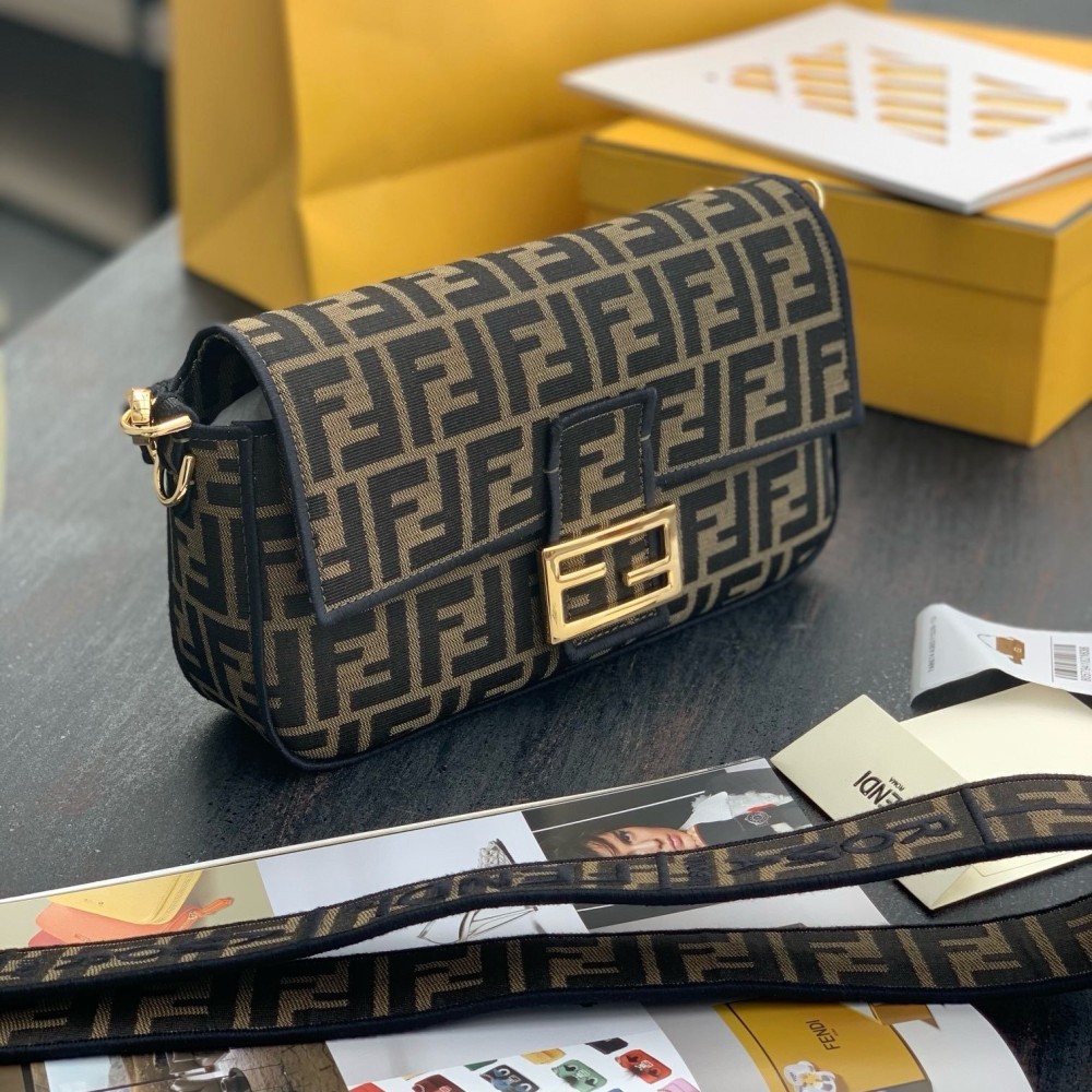 Baguette Brown FF jacquard fabric bag