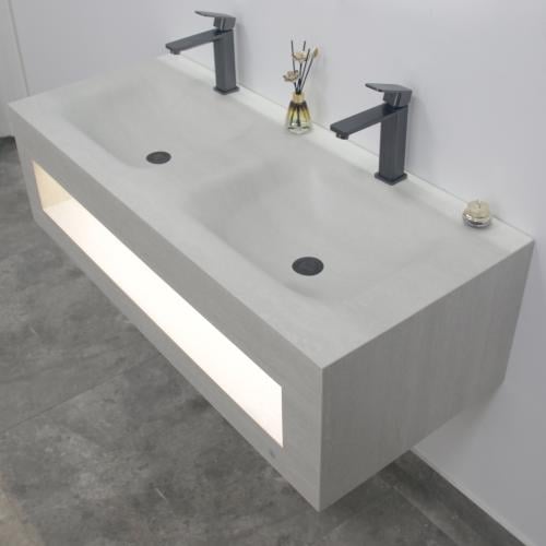 مغسلة بورسلان 120سم  hot bending حوضين باضاءة لمس  OS162  ترافرتينو  رمادي فاتح