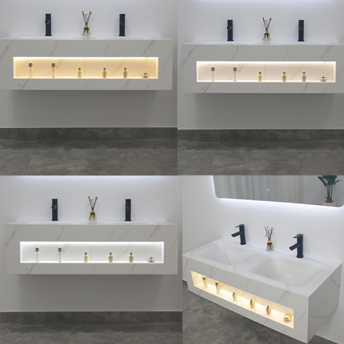 مغسلة حجر باضاءة حساس OS137 صيني ابيض 120 سم حوضين مع مراية ليد 120*70 سم