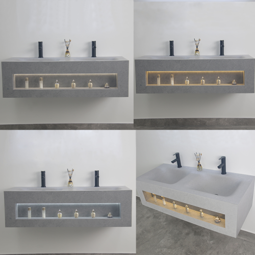 مغسلة حجر باضاءة حساس OS140 صيني رمادي 120سم حوضين مع مراية ليد 120*70 سم