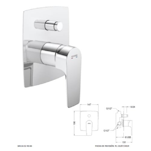 خلاط دش GENEBRE مخفي كروم خطين مستطيل