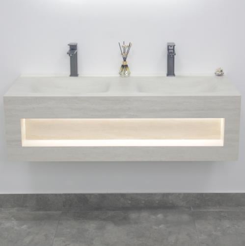 مغسلة بورسلان 120سم hot bending باضاءة OS163 حوضين ترافرتينو بيج فاتح