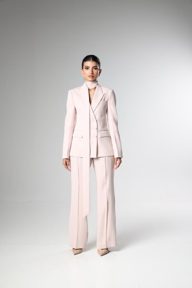 Blush Pink Suit with asymmetrical jacket and slender scarf