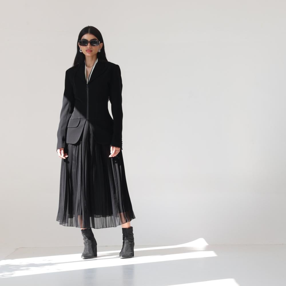 Corset-Cut Black Suit Set with Classic Skirt