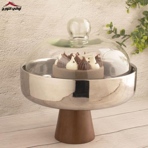 ستاند كيك فضي بقاعدة خشب