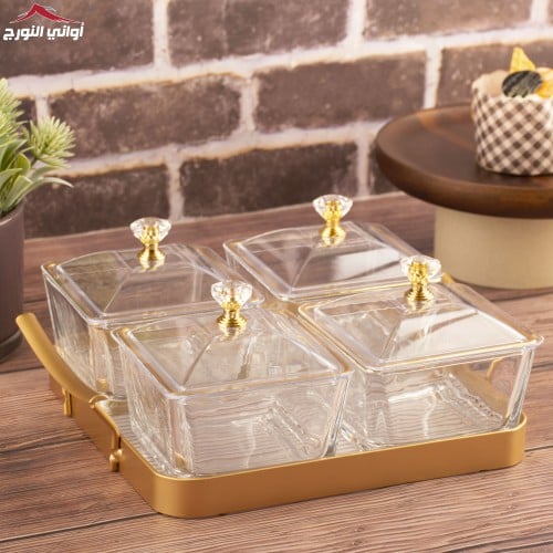 طقم صحون مكسرات رباعي بستاند مذهب