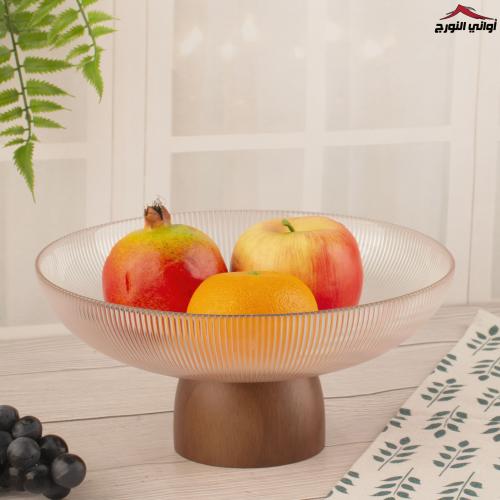 صحن فواكه زجاج بقاعدة خشب