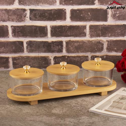طقم صحون مكسرات الوعد ثلاثي بستاند وغطاء خشب