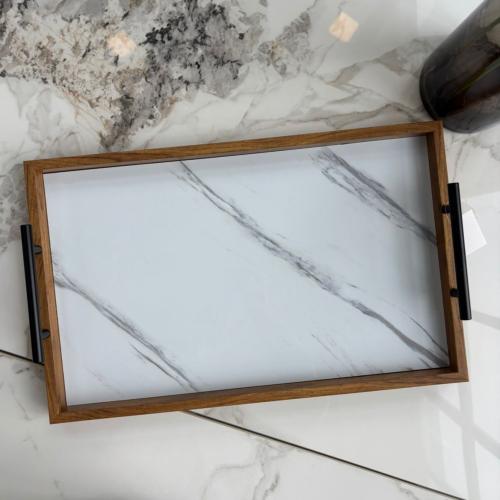صينية تقديم الفخامة إطار خشبي وسطح ماربل