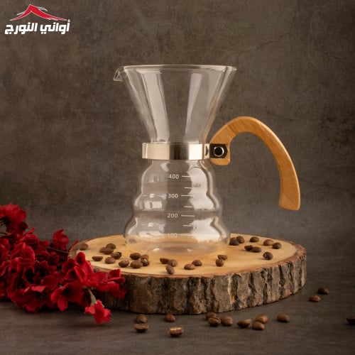 وعاء زجاجي لتقطير وتصفية القهوة بيد خشبيه