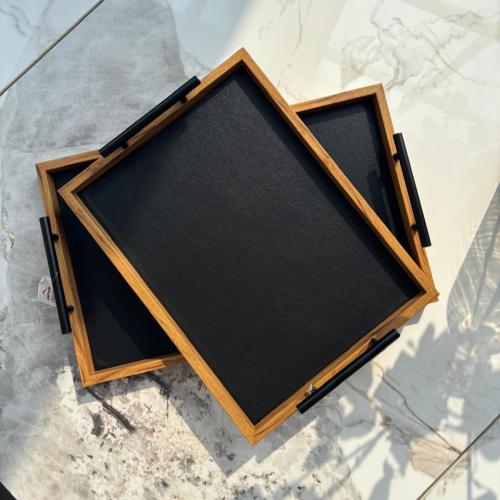 صينية تقديم الفخامة إطار خشبي وسطح أسود