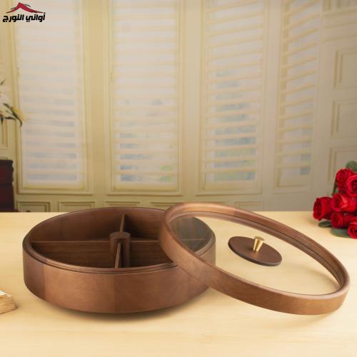 صحن خشب مقسم دائري بغطاء فاخر