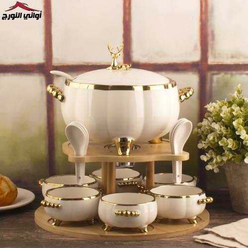 طقم شوربة ريفال ابيض بقاعدة خشب
