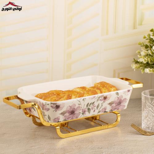 صينية بوفيه سيراميك بستاند ذهبي للتسخين