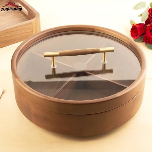 صحن خشب مقسم دائري بغطاء فاخر