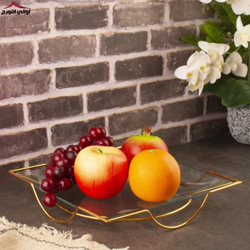 صحن زجاج مربع بقاعدة مذهب