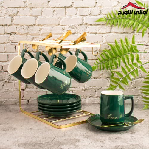 طقم أكواب أخضر بستاند ذهبي