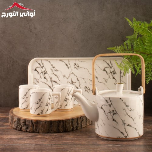 طقم اكواب شاي وتبسي ماربل أبيض
