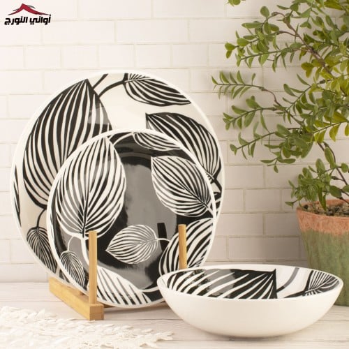 طقم سفرة 18 قطعة رسم ورقة شجر أسود و أبيض