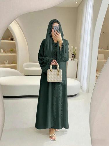 مجموعة فستان أبايا مع خصر وحجاب وحزام ربيعي