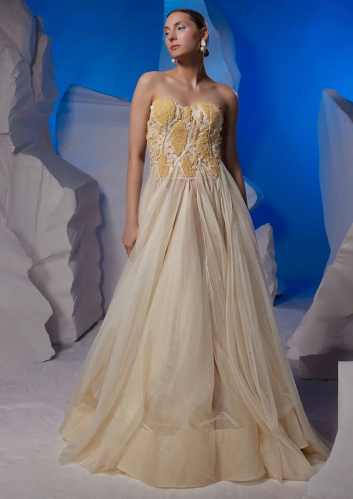 Corsetted ivory organza silk tube gown