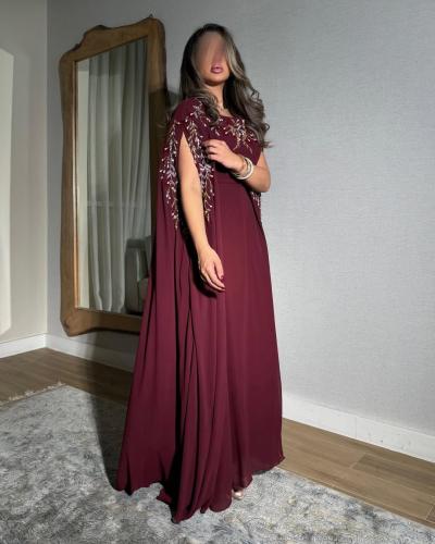 فستان شيفون مطزر اكمام كاب عنابي