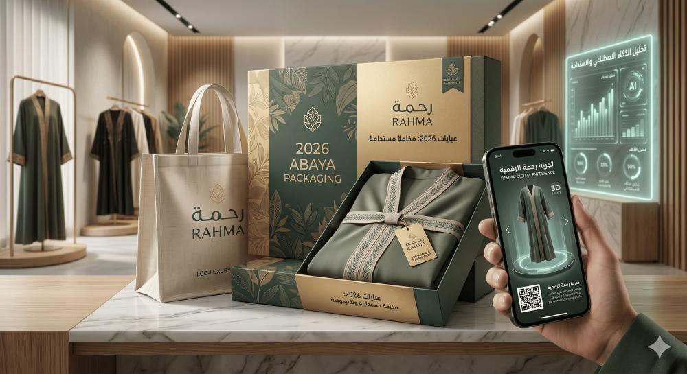 استراتيجيات تغليف وباكجينج العبايات في عام 2026: دليل التحول الشامل نحو الفخامة المستدامة والتصدر الرقمي في عصر الذكاء الاصطناعي
