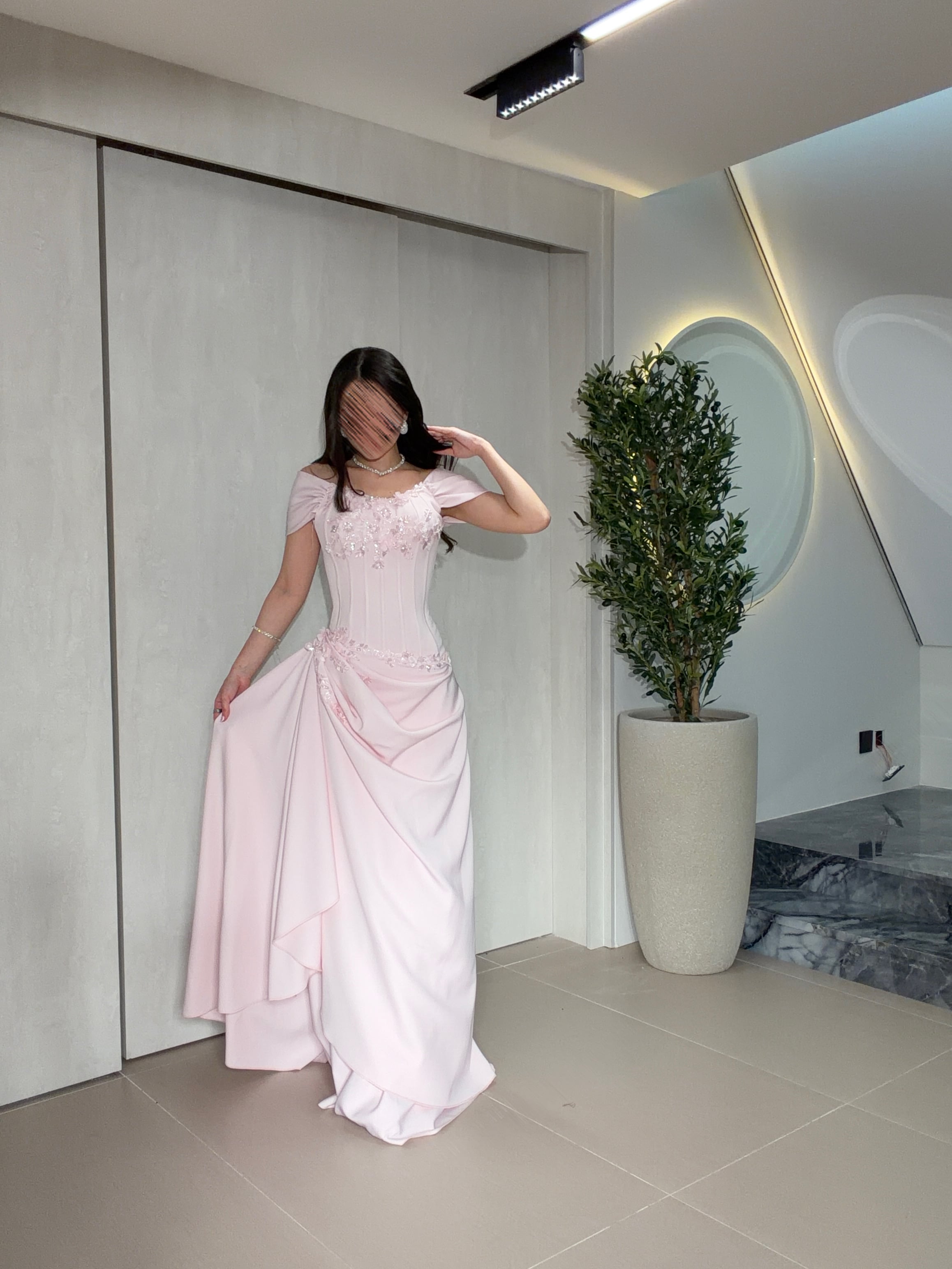 Light pink off-shoulder corset dress
