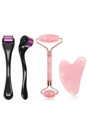 ديرما رولر برأس من التيتانيوم ٥٤٠ إبرة ٠.٥ مم، وأسطوانة وجه من الكوارتز الوردي، وجوا شا من الكوارتز الوردي على شكل قلب