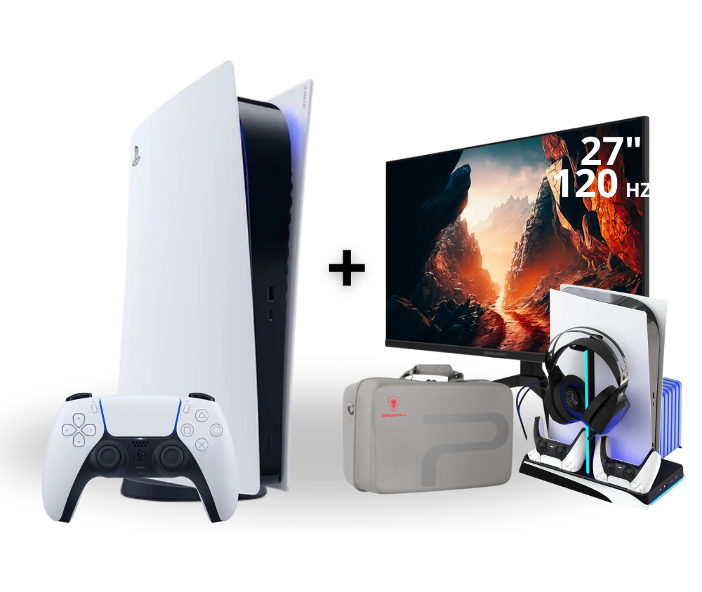 بلايستيشن 5 فات سي دي + شاشة العاب مقاس 27 بوصة 120hz هيرتز + قاعدة بلايستيشن 5 + شنطة