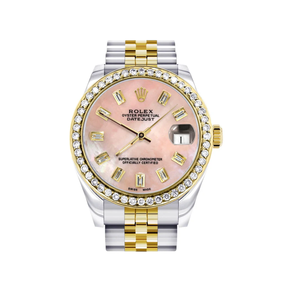 ساعة Rolex نسائية ذات وجه وردي ومزينة بالكريستال