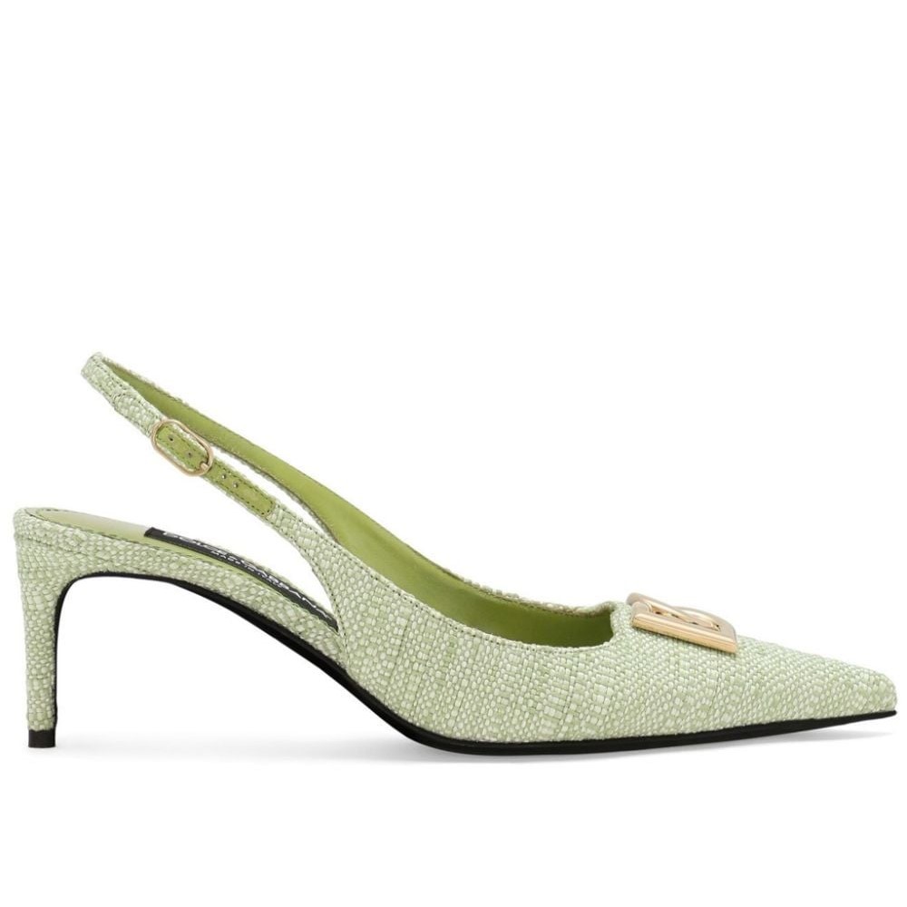 صندل دولتشي غابانا رافية بكعب وبروش لوقو ذهبي - أخضر تفاحي