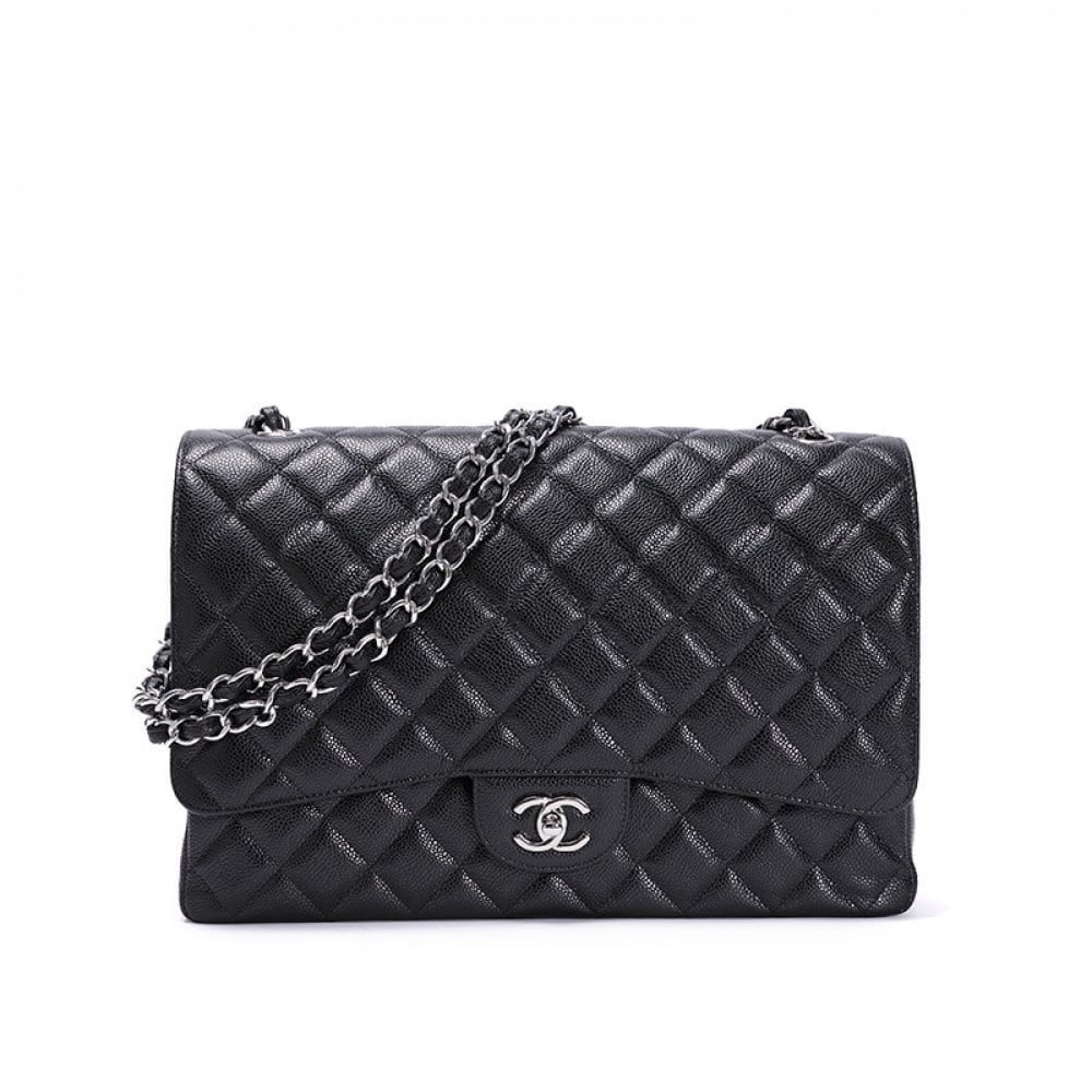 شنطة شانيل كلاسيك كافيار 33 سم - أسود وفضي