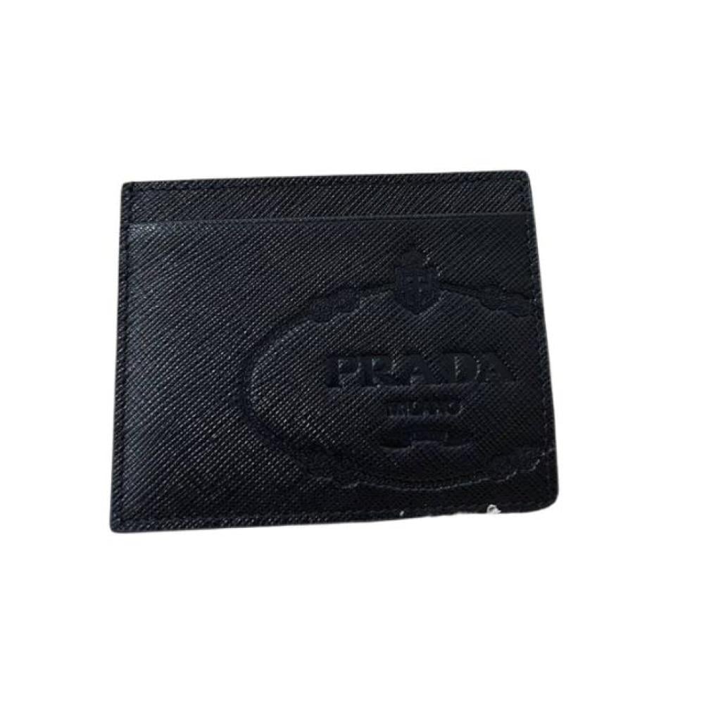 محفظة بطاقات سافيانو جلدية بشعار برادا منقوش - أسود