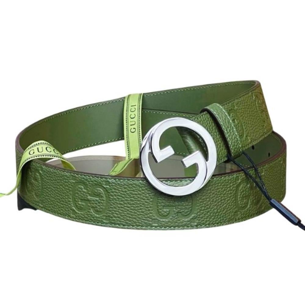 حزام جلد غوتشي بلوندي عريض - أخضر زيتي
