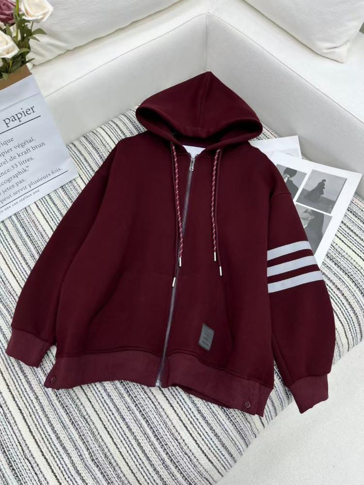 هودي صوفي ناعم فضفاض بسحاب بثلاث خطوط ملونة