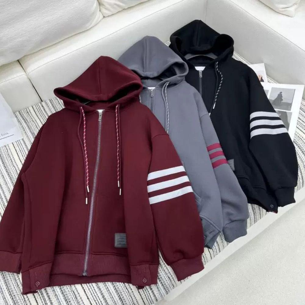 هودي صوفي ناعم فضفاض بسحاب بثلاث خطوط ملونة