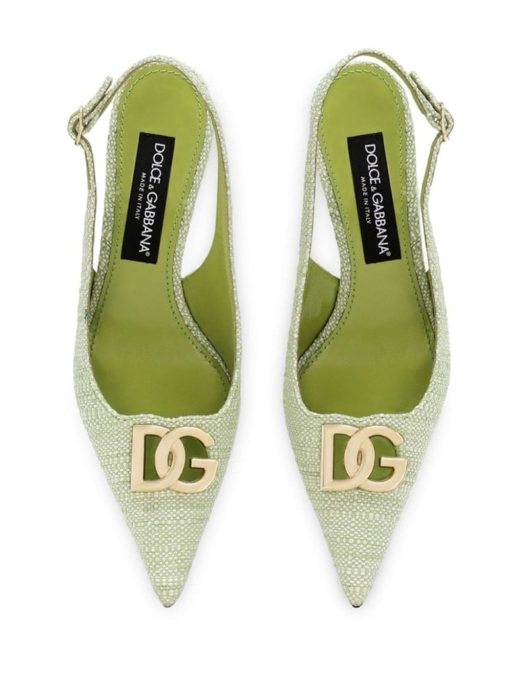 صندل دولتشي غابانا رافية بكعب وبروش لوقو ذهبي - أخضر تفاحي