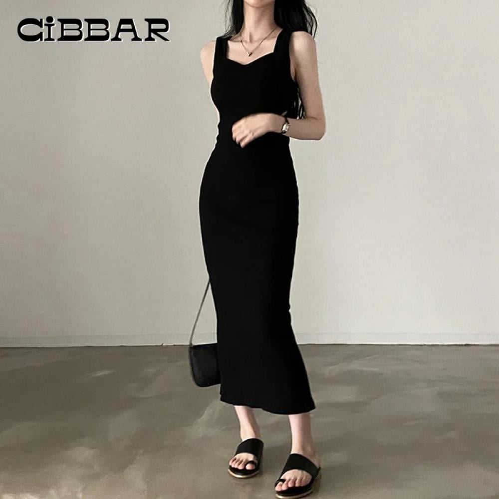 CIBBAR الأساسية متماسكة فستان طويل الكورية موضة ساحة طوق بلا أكمام فساتين حريمي الصيف عادية Y2k خمر كل مباراة وتتسابق