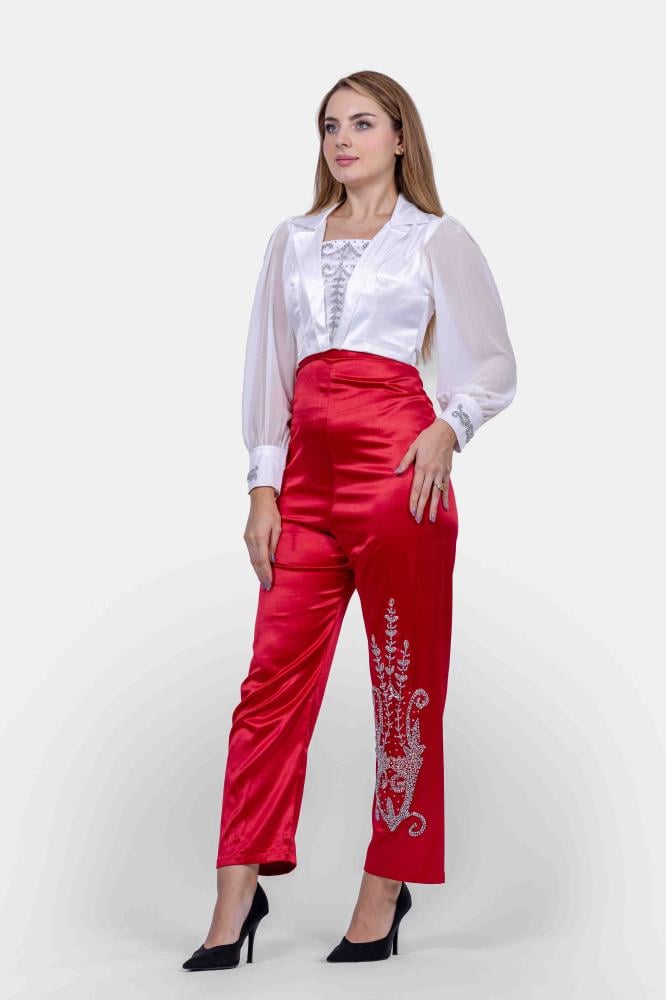 طقم بناتي سهرة بنطلون و بلوزة ساتان سهره بأكمام شيفون